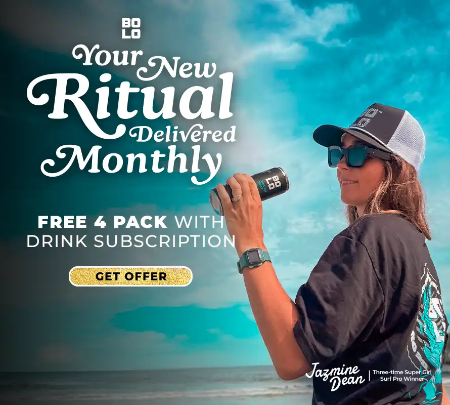Jazmine Dean holding a BOLO Blue Raz Blast drink for the subscription bundle banner